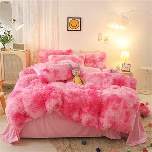 Shaggy Plush Duvet Cover Set Ultra Soft Fluffy Comforter Cover Set(Full, Pink)